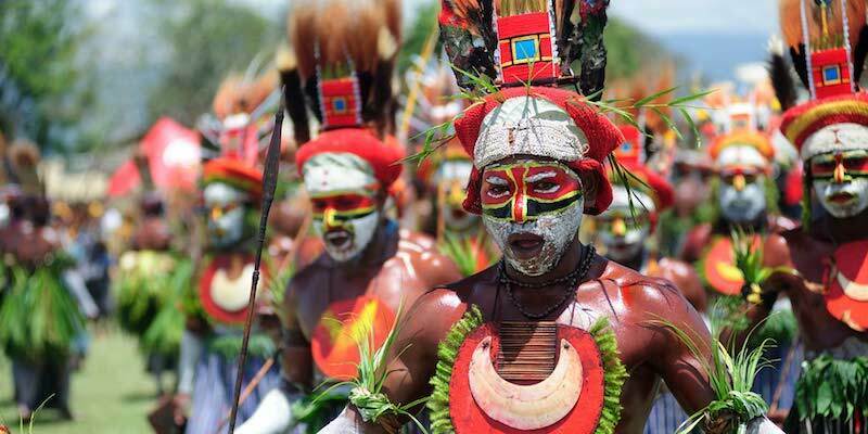 Bunch of Papuans in the traditional Papua new guinea tribe customs.